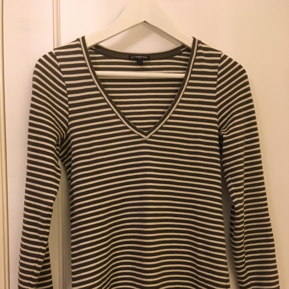 Express Long-Sleeved Green and White Striped Shirt